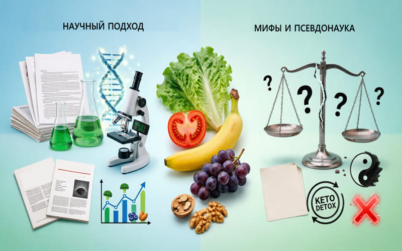 Наука vs мифы в нутрициологии: визуальное сравнение доказательного подхода и псевдонаучных утверждений о питании.